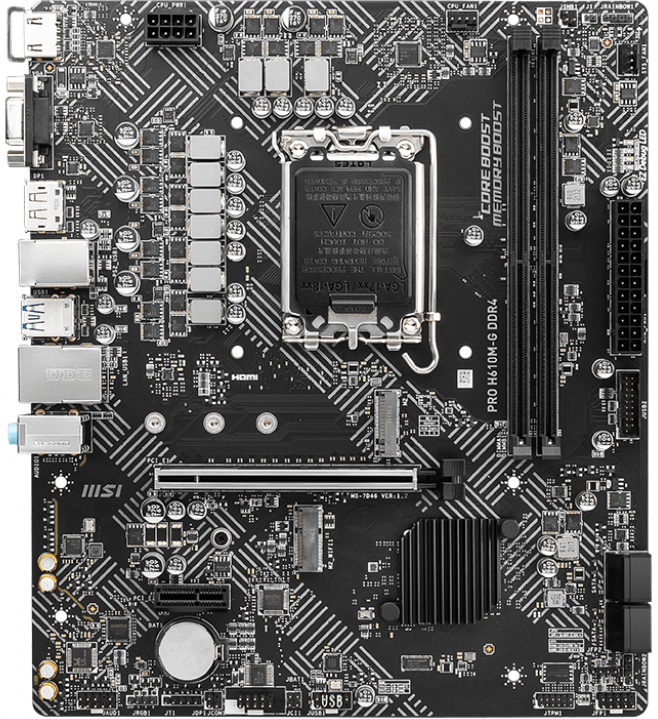   MSI PRO H610M-G DDR4 Socket 1700, Intel H610, 2xDDR4, PCI-E 4.0, 2xUSB 3.2 Gen1, VGA, HDMI, DisplayPort, mATX