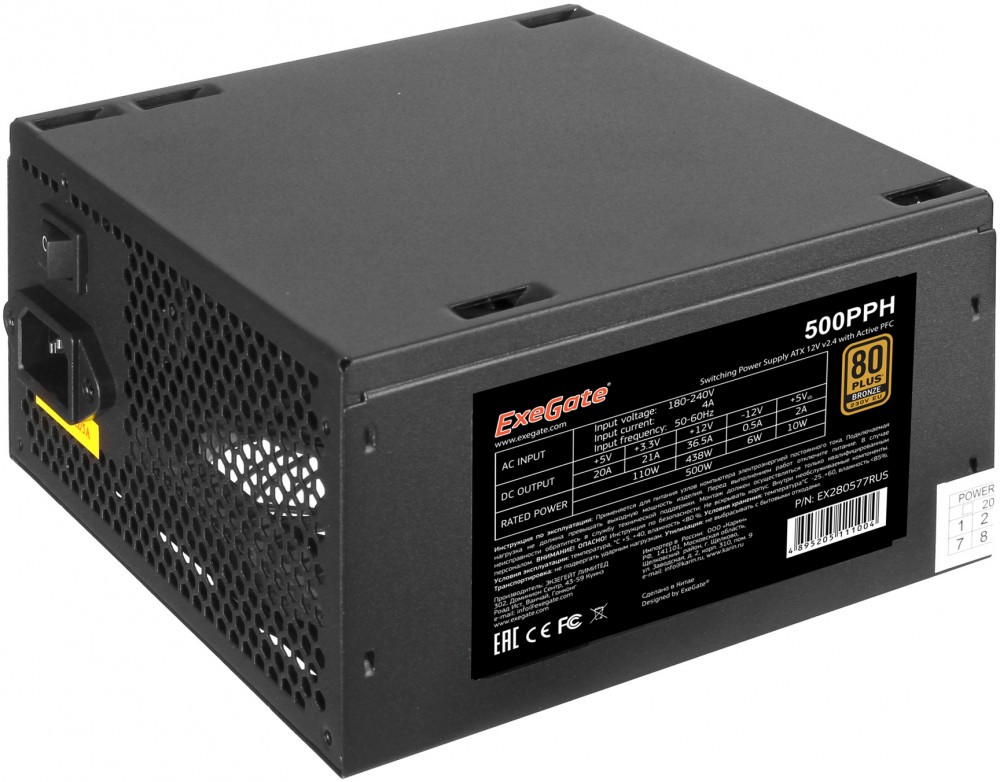   500W ExeGate 500PPH-S  500 , ATX12V 2.4,  PFC,  120 , c 80 PLUS Bronze