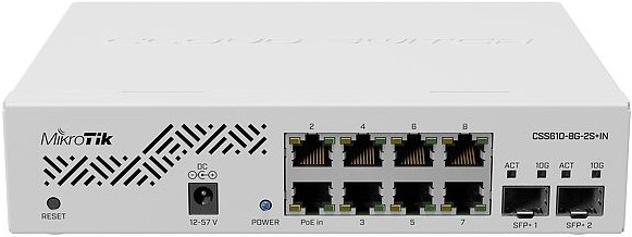  MikroTik Cloud Smart Switch 610-8G-2S+IN with 8 x Gigabit ports, 2 x SFP+ cages, SwOS, desktop case, PSU