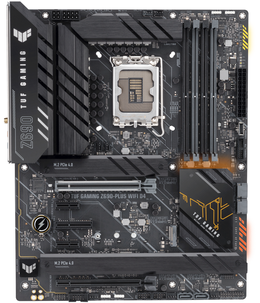   ASUS TUF GAMING Z690-PLUS WIFI D4 Socket 1700, Intel Z690, 4xDDR4, PCI-E 5.0, 2500 /, Wi-Fi, Bluetooth, 4xUSB 3.2 Gen1, 2xUSB 3.2 Gen2, USB 3.2 Gen2 Type-C, USB 3.2 Gen2x2 Type-C, HDMI, DisplayPort, , ATX
