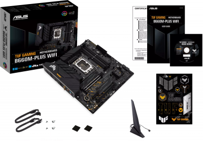 ����������� ����� ASUS TUF GAMING B660M-PLUS WIFI Socket 1700, Intel B660, 4xDDR5, PCI-E 5.0, 2500 ����/�, Wi-Fi, Bluetooth, USB 3.2 Gen1, 4xUSB 3.2 Gen2, USB 3.2 Gen2x2 Type-C, HDMI, DisplayPort, ���������, mATX