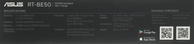 Wi-Fi ������ ASUS RT-BE50, Wi-Fi 7, BE3600, 2.4/5���, 3 LAN, ������ (90IG09U0-MO3S00)