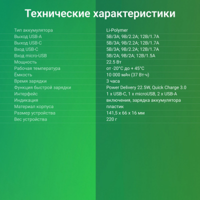 ������� ����������� Digma DGPF10C 10000mAh QC3.0/PD3.0 22.5W 3A 2xUSB-A/USB-C ������ (DGPF10C22PBK)