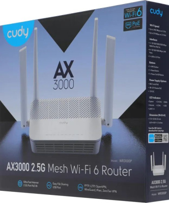 Wi-Fi ������ CUDY WR3000P, Wi-Fi 6, AX3000, 2.4/5���, 4 LAN, 1xUSB, �����