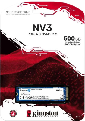 ����������  Kingston SSD NV3, 500GB, M.2(22x80mm), NVMe, PCIe 4.0 x4, 3D TLC SNV3S/500G
